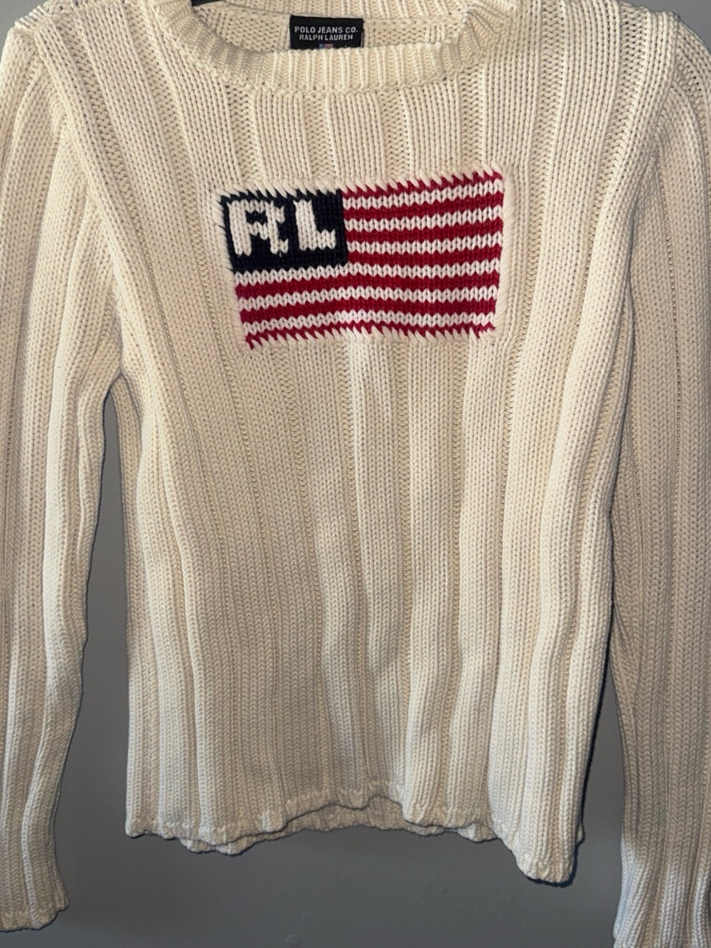 Polo Jeans Co. Ralph Lauren Cream Cable Knit Sweater with Flag Patch